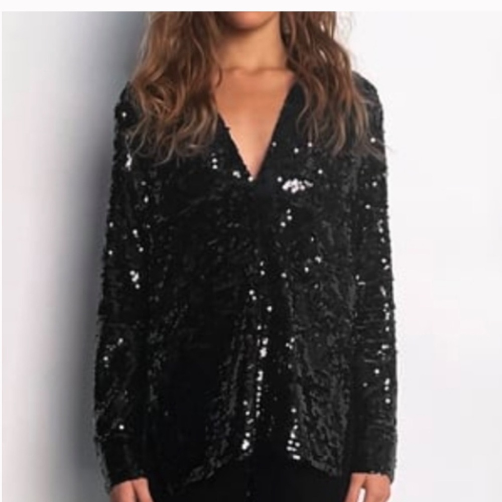 NWT ZARA BLACK SEQUIN BLOUSE SIZE XXL